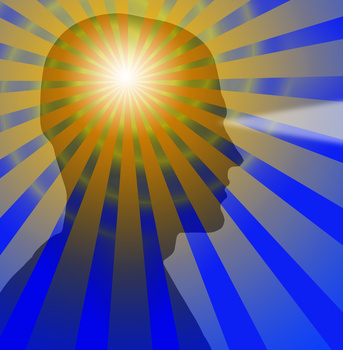 Beams radiate from a sillouette of a head